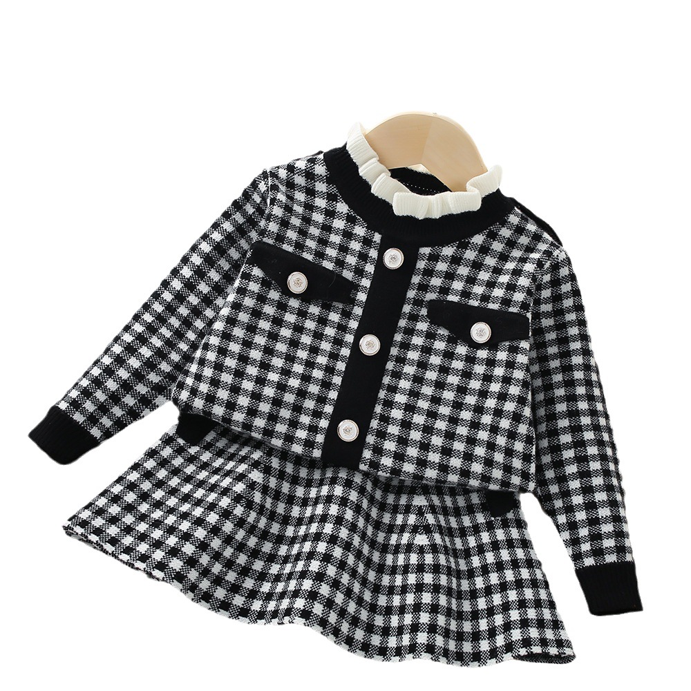 Dívčí svetrová sada 2023 Podzim/Zima Nová korejská módní dívčí kostkovaná malá voňavá pletená dvoudílná sukně_voghion.com