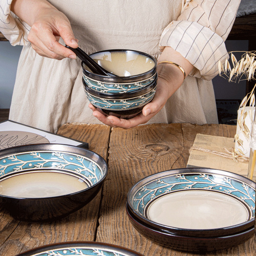 European style kiln-turned underglaze hand-painted ceramic tableware plate creative set cake deep dish rice bowl steak plate