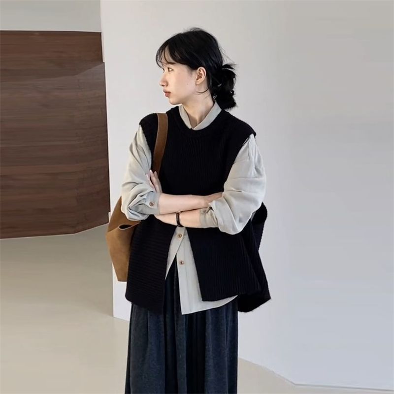 早秋韩版百搭通勤清新套装女2025秋季新款复古长袖衬衫纯色马甲两|undefined