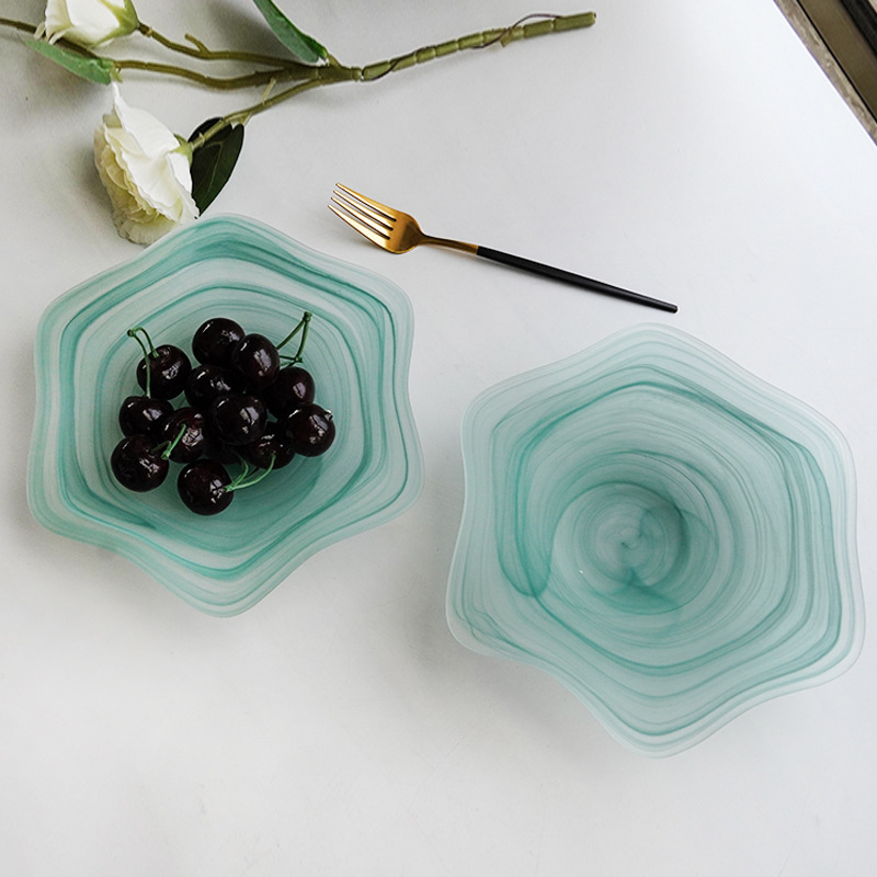Teal Cloud Wave Glass Frosted High-End Household Salad Bowl Fruit Plate Designer-Style Coffee Table Decoration Set Teal Cloud Wave Glass Frosted High-End Household Salad Bowl Fruit Plate Designer-Style Coffee Table Decoration Set