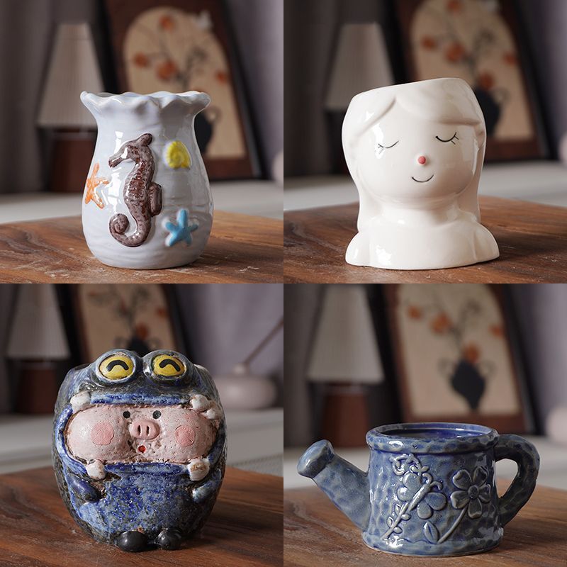 Ceramic Succulent Flower Pots with Cute Cartoon Animal Characters, Creative and Unique Coarse Pottery Design, Simple and Breathable Desktop Decoration Ceramic Succulent Flower Pots with Cute Cartoon Animal Characters, Creative and Unique Coarse Pottery Design, Simple and Breathable Desktop Decoration