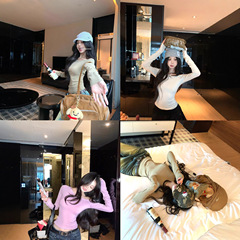 黑色草莓粉色斜肩长袖T恤女秋季修身针织内搭打底衫纯欲短款上衣