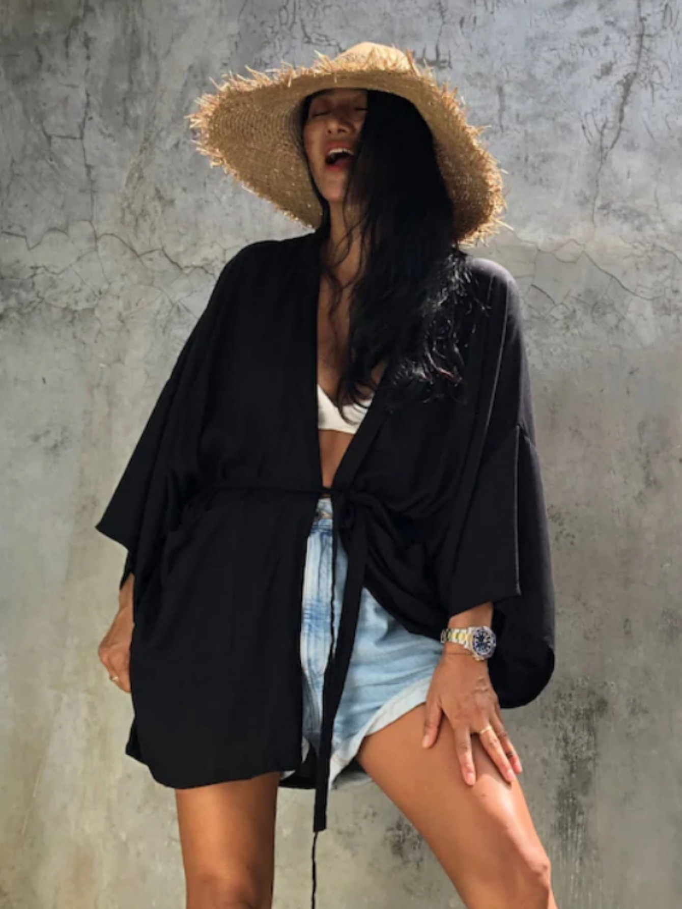 Cárdigan de rayón europeo y americano transfronterizo y kimono blusa suelta corta de todo fósforo camisa de protección solar de vacaciones junto al mar chal M0003