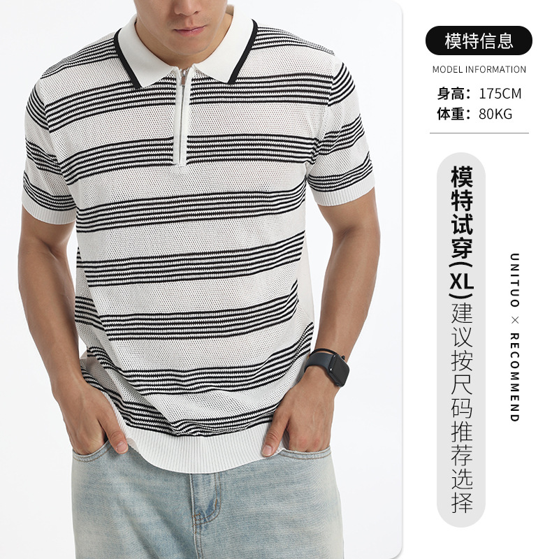 Hombres de alto nivel con cremallera con collar de hielo polo camisa de verano de punto de manga corta de negocios casuales chaqueta a rayas de hombre