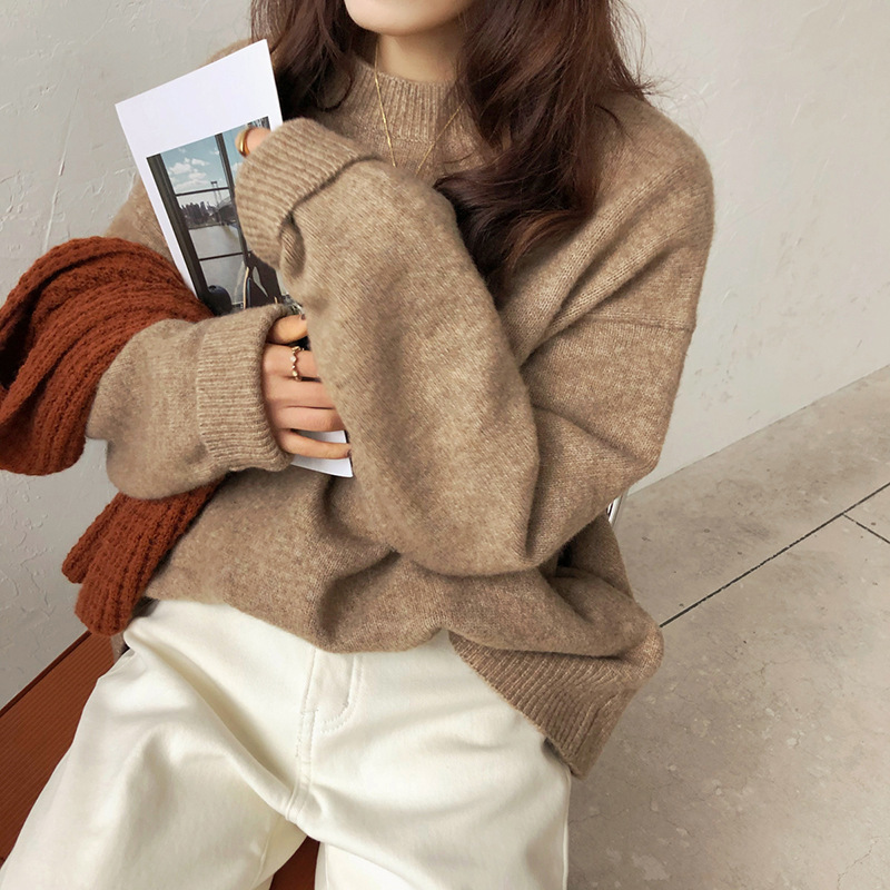 圆领毛衣女秋冬2025新款宽松复古慵懒风纯色套头软糯加厚针织衫女|undefined