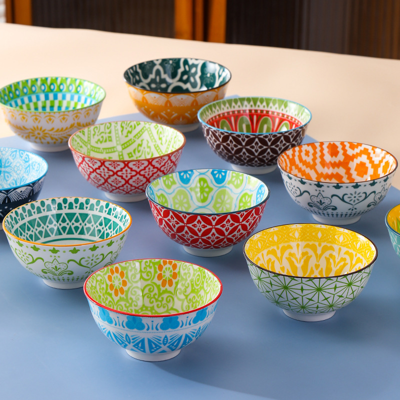 Amazon Ceramic Glaze Double-sided Machine Printing Rice Bowl Colorful High Foot Exotic Porcelain Bowl Gift Blind Box Set