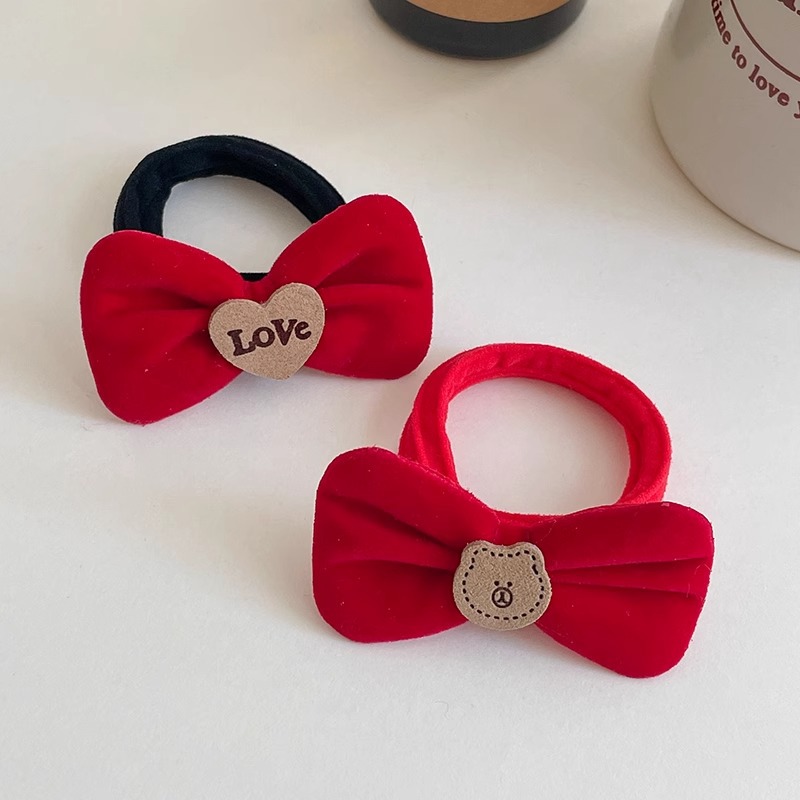 Niños de Año Nuevo de terciopelo rojo arco banda de pelo niñas lindo lazo cuerda de pelo alto elástico durable cabeza cuerda banda de goma