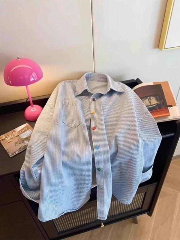 蓝色条纹长袖衬衫女春季上衣2025新款外搭宽松设计感撞色外套衬衣|undefined