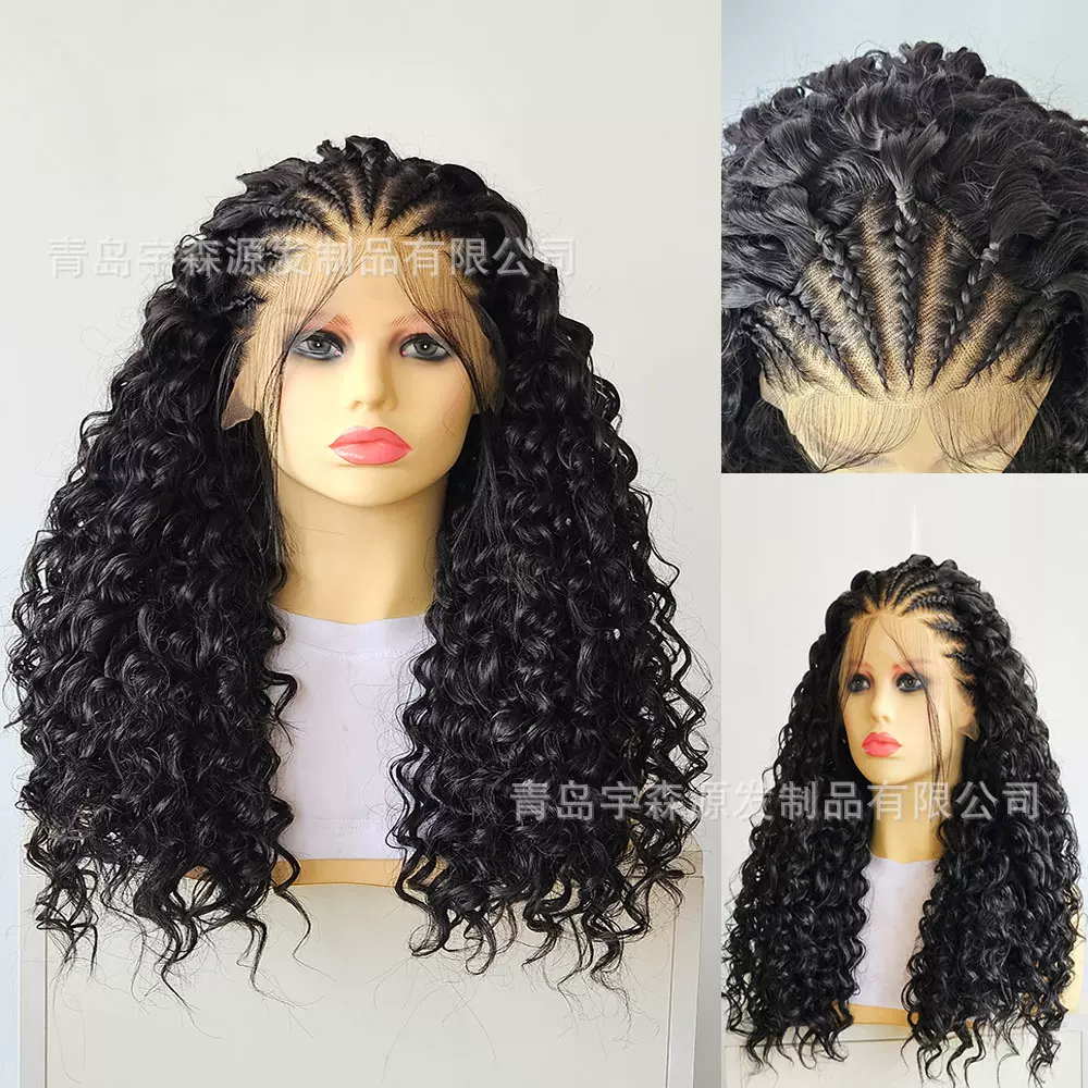 新款辫子小卷假发13*4前蕾丝化纤头套高温丝手勾发一件代发工厂