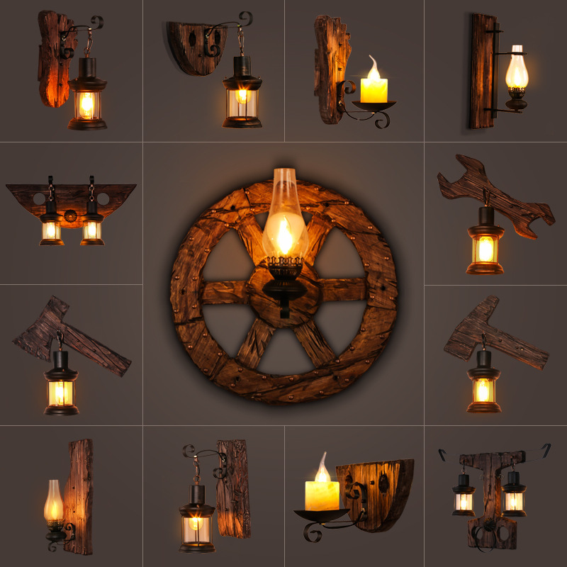 Retro estilo industrial lámpara de pared bar Café Restaurante Americano nostálgico pasillo decoración de la pared personalidad creativa lámparas de madera maciza
