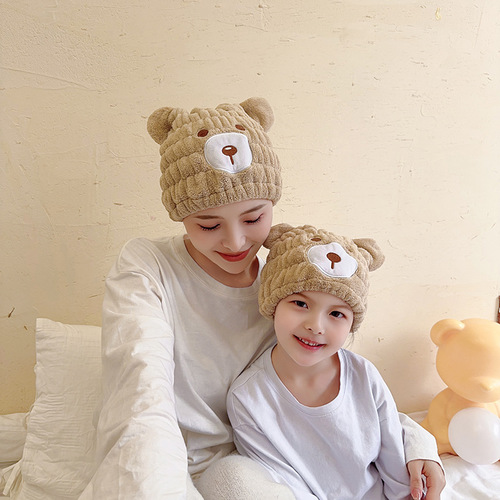 Hair dryer cap wholesale coral velvet cartoon bear absorbent hair dryer cap parent-child absorbent shower cap drop shipping