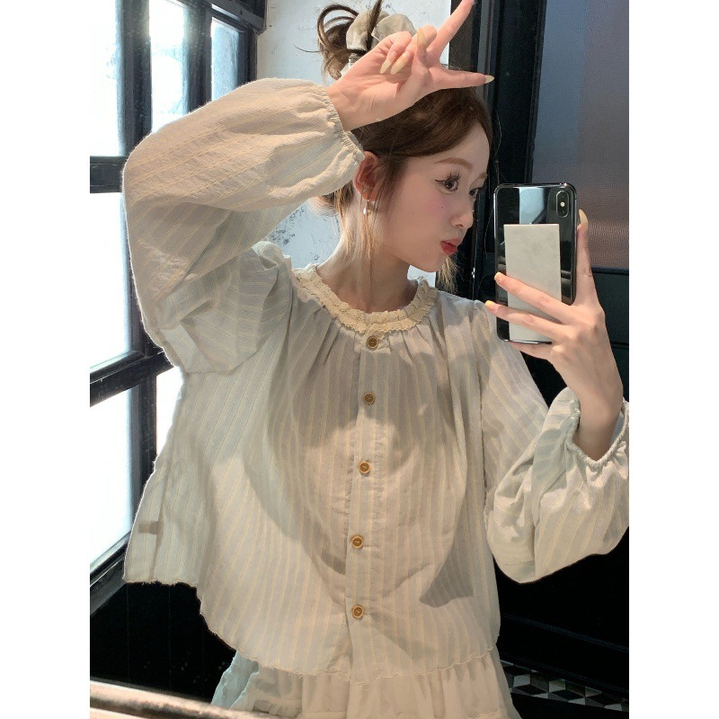 春秋法式甜美蕾丝花边条纹圆领长袖衬衫女学院风宽松别致衬衣上衣|undefined