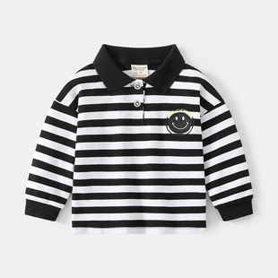 Casual Black and White Lapel Children's Sweatshirt British Trendy Smiley Striped Top Autumn Boys' Long Sleeve Polo Shirt
