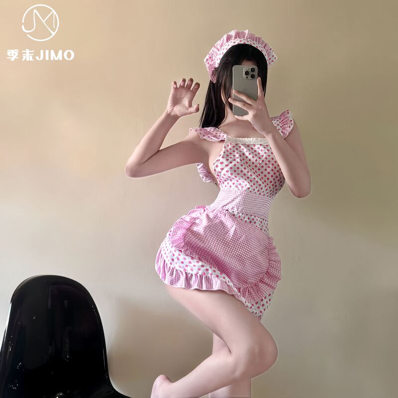 End-Of-Season Cosplay Sweet Little Chef Maid Cute Girl Lace Polka Dot Tie-Free Sexy Lingerie Set for Women