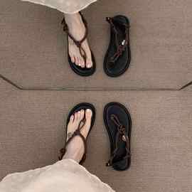 细带复古咖啡法式晚晚凉鞋仙女鞋子外穿2025春夏季度假平底罗马鞋