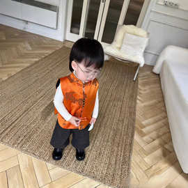 新中式男童套装2025冬季新款高级感双面穿橘色马甲加绒八分裤套装