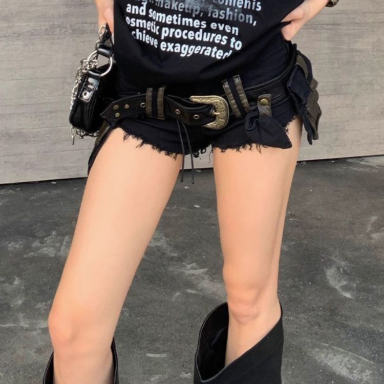 アメリカンレトロベルト取り外し可能なポケットローウエストスーパーショーツ女性の夏のホットガール痩身ヒップホップホットパンツトレンディ|undefined