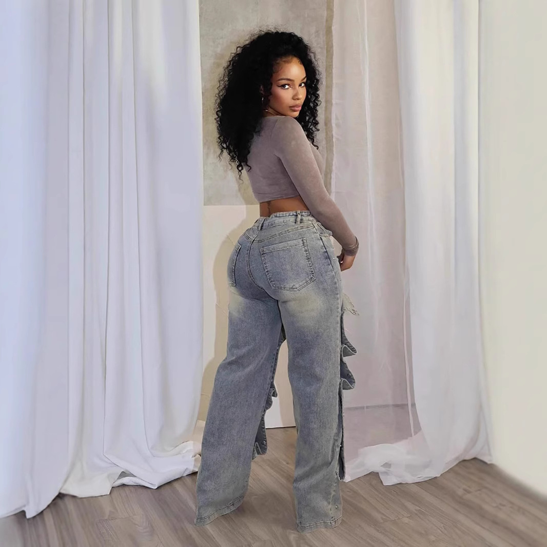 2024 가을과 겨울 새로운 거리 패션 분리 가능한 숨겨진 버튼 디자인 불규칙한 청바지 높은 허리 스트레이트 바지