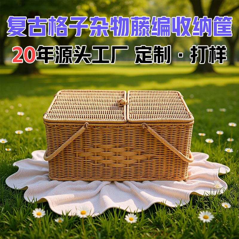 手工塑料藤编编织菜篮子手提篮 复古格子杂物藤编收纳筐 拜拜篮