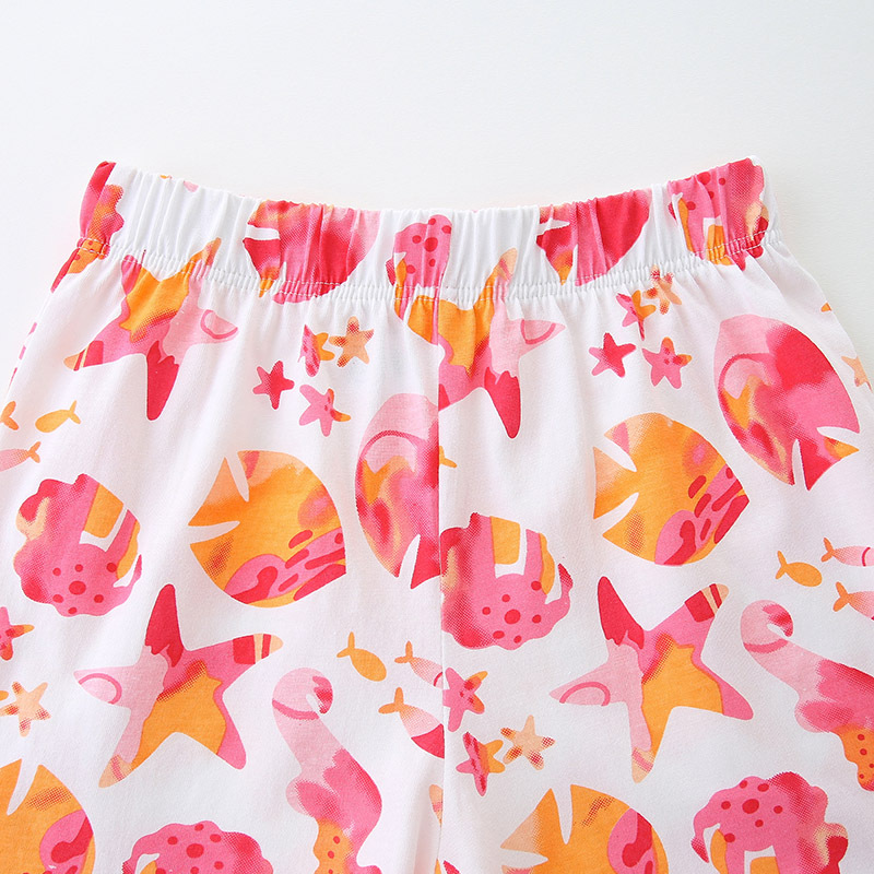 Novedad de verano, traje de manga corta para niñas, conjunto de 2 piezas de pantalones cortos con estampado de caballito de mar de dibujos animados para niños de estilo europeo y americano