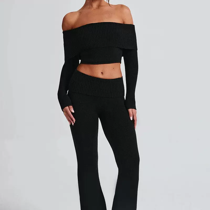 2025秋冬新款欧美跨境辣妹时尚套装一字肩上衣低腰喇叭裤两件套女