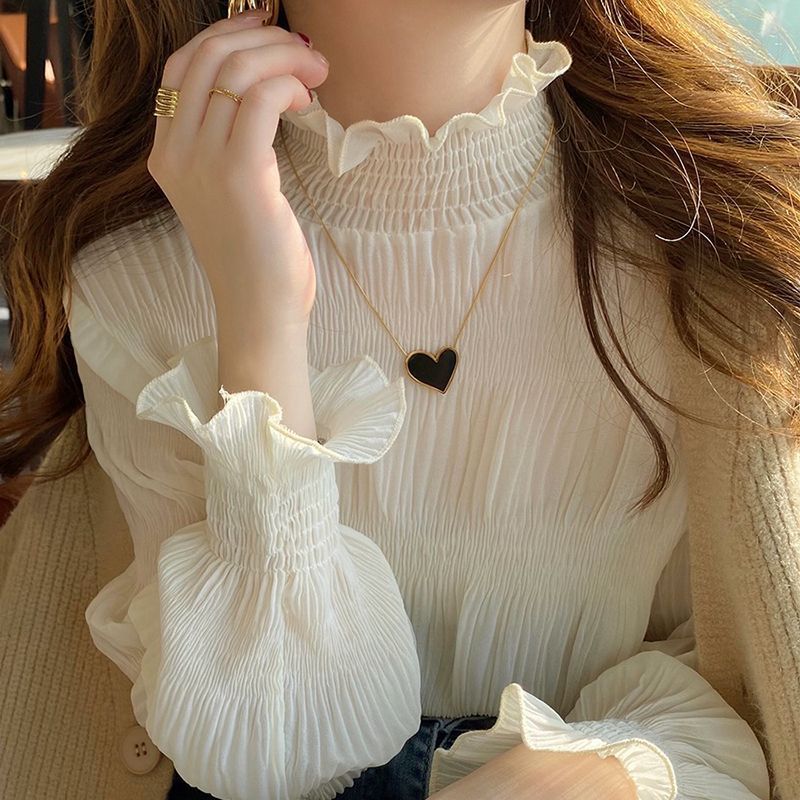 立领杏色蕾丝打底衫女春秋2025新款加绒内搭雪纺衬衫边纱上衣跨境