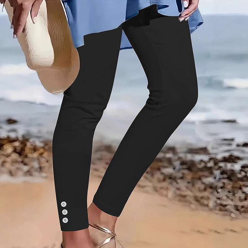 Ladies' Elegant Solid Color Capri Pants with Elastic Button Design, Machine Washable, Spring/Summer Casual Formal Trousers