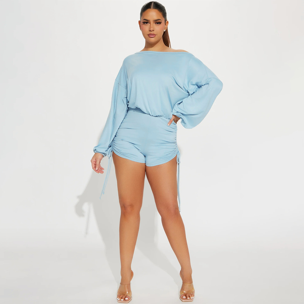 Women Wear Casual off Shoulder off Shoulder Long Sleeve Pleated Drawstring Fitted Waist Jumpsuit