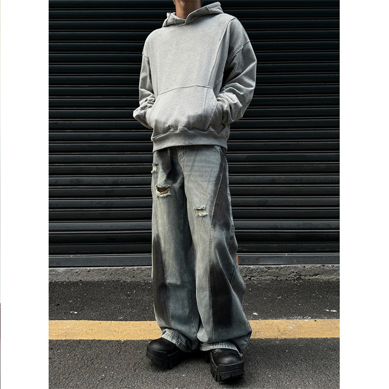 High Street Summer Retro Autumn Vibe Ink Splash Hole Jeans Loose Deconstructed Straight Wide Leg Long Pants_viptrois.com