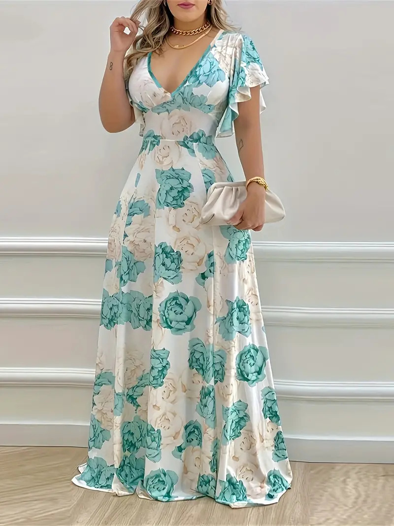 Summer Elegant Plus Size High-Quality Printed Long Dress V Neck Flowing Skirt Women's Clothing_ecoleips.com