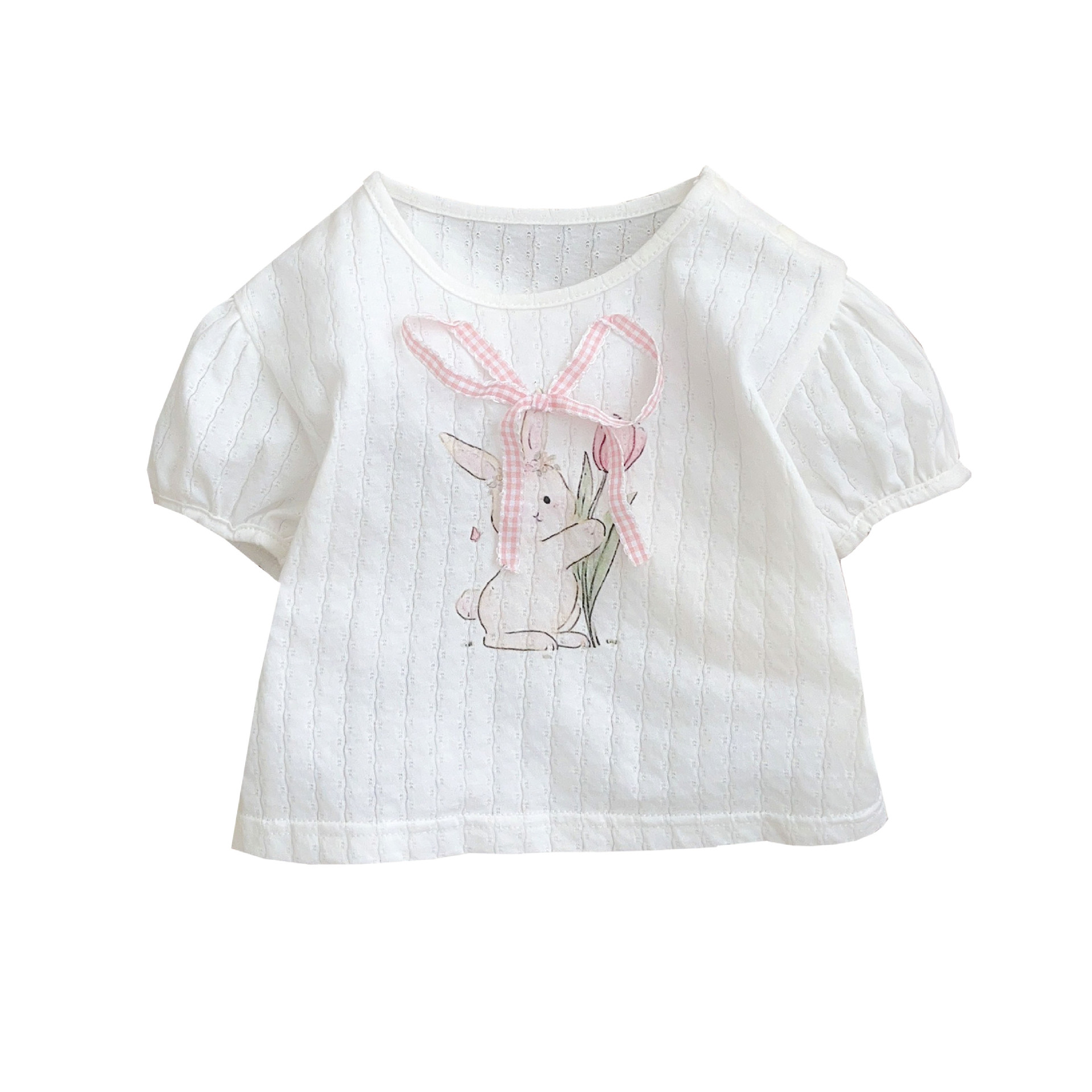 Ventas directas de la fábrica de Youhe verano nuevo estilo tipo A ligero niña bowknot conejito camiseta celosía pantalones anti-mosquitos traje de dos piezas