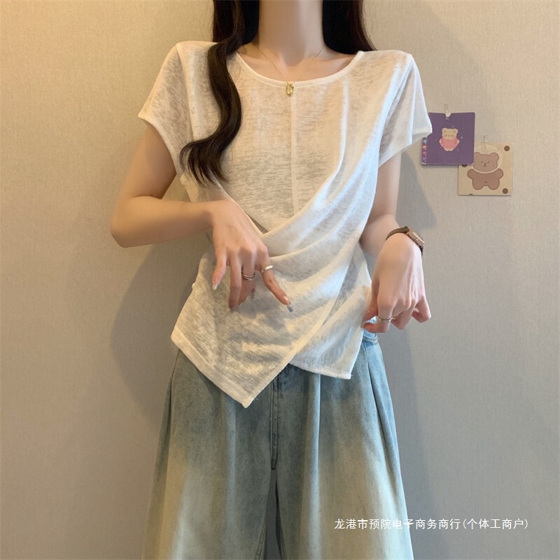 Thin Bamboo Cotton Pink Right Shoulder Short-Sleeved T-Shirt for Women 2025 Summer Large Size Fat mm Pinch Waist Shirt Asymmetrical Top