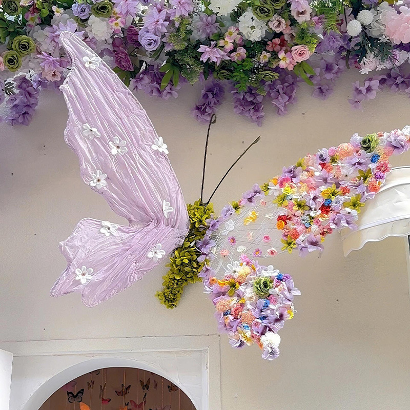 Flores hechas a mano alas de mariposa lámpara decorativa de bricolaje diseño de atmósfera colgante techo de pared colgante soporte de hierro forjado accesorios de decoración