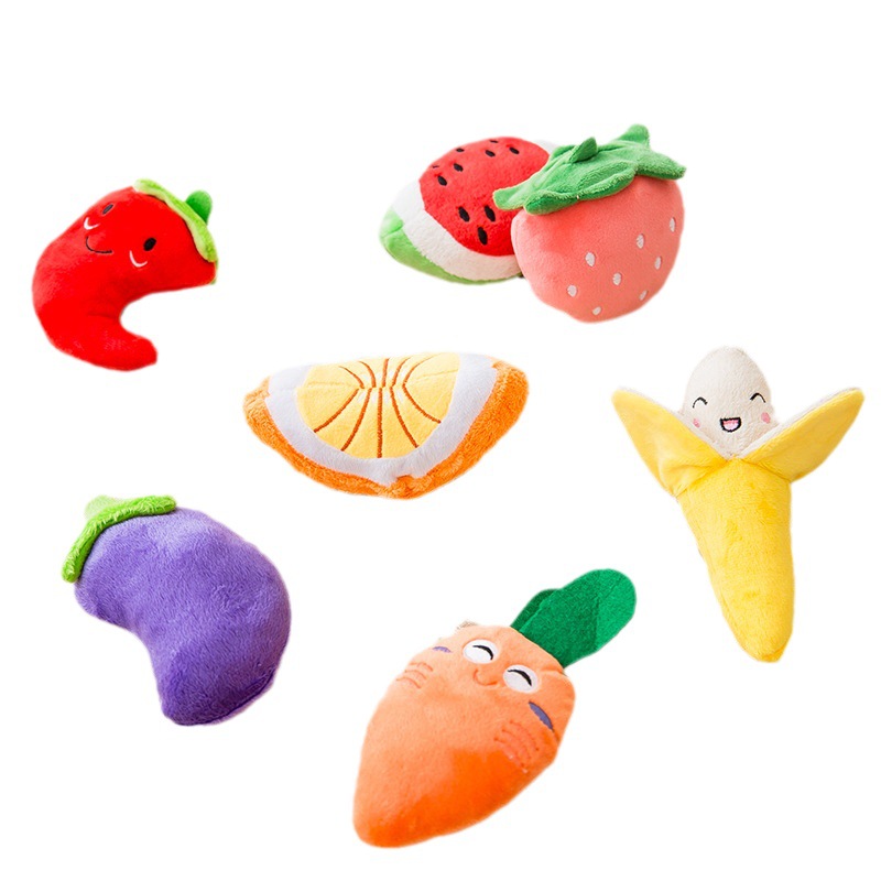 Dibujos animados de frutas y verduras perro peluche sonido juguete oso gato lindo colorido fruta mascota molar suministros