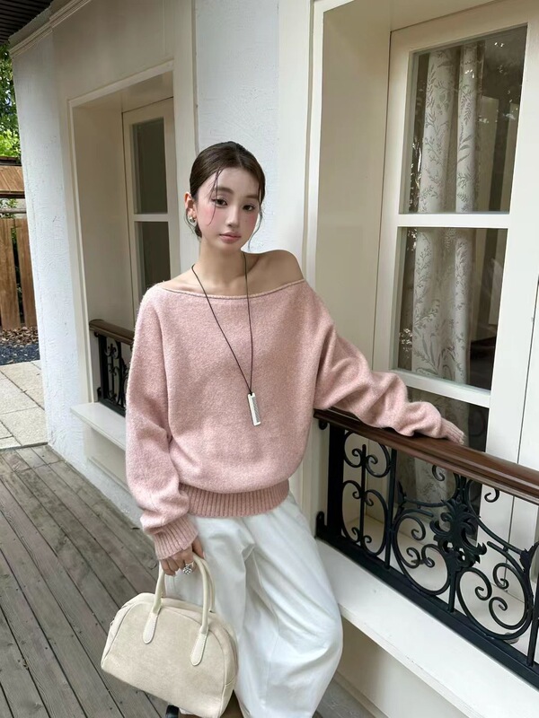 韩国chic休闲斜肩长袖女松弛感不规则针织衫秋上新小众蝙蝠袖上衣|undefined