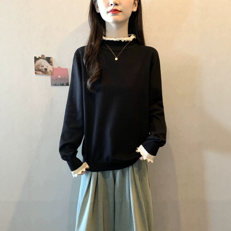 Autumn plus-size women's new design lace sweater slimming loose knit top