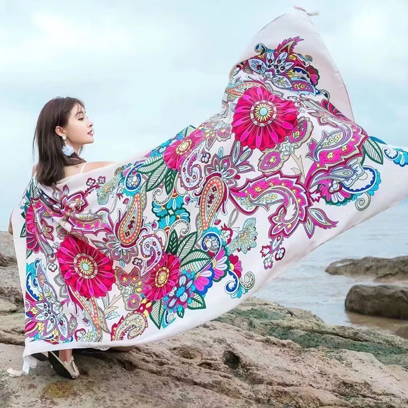 Sopa de satén de twill para mujeres 2025 bufandas de viento nacional de verano tibetanas bufandas de seda protector solar lago Qinghai turismo foto toalla de playa