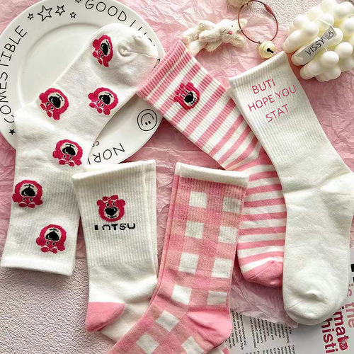 Pink Socks for Girls, Korean Version Mid-Calf, Instagram Trendy, Versatile, Academic Style, Cute, Japanese Cartoon Style, Autumn and Winter Student Socks