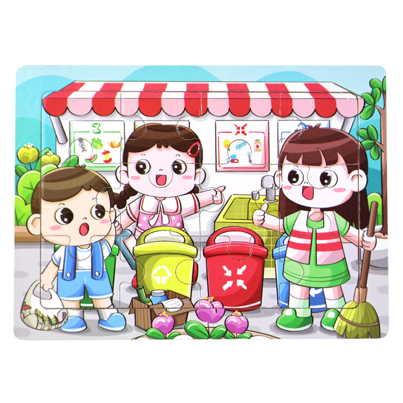 Rompecabezas plano de madera de 12 piezas, juguetes educativos para niños pequeños, rompecabezas de pensamiento lógico cognitivo de animales de dibujos animados de educación temprana