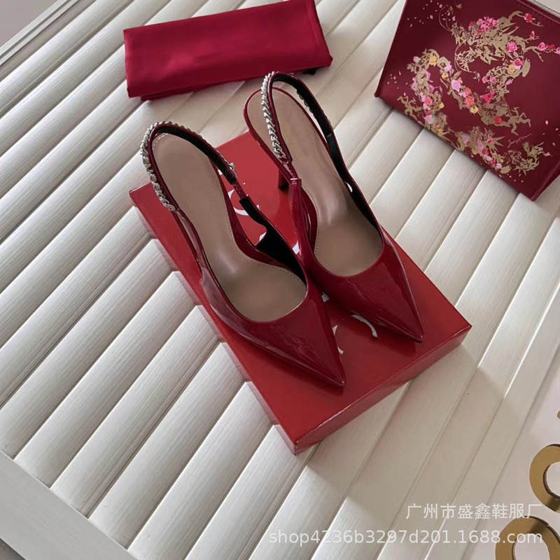 High Version French High-End Baotou Hollow Back Sandals for Women 2024 Summer New Gold Chain Shallow Mouth High Heels