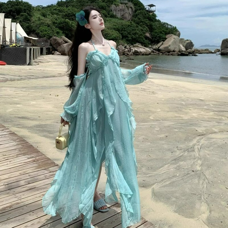 2026년 여름 휴가 스타일의 스트랩 드레스, 사진 촬영에 좋은 요정같은 해변 드레스, 여행 사진에 잘 어울리는 드레스