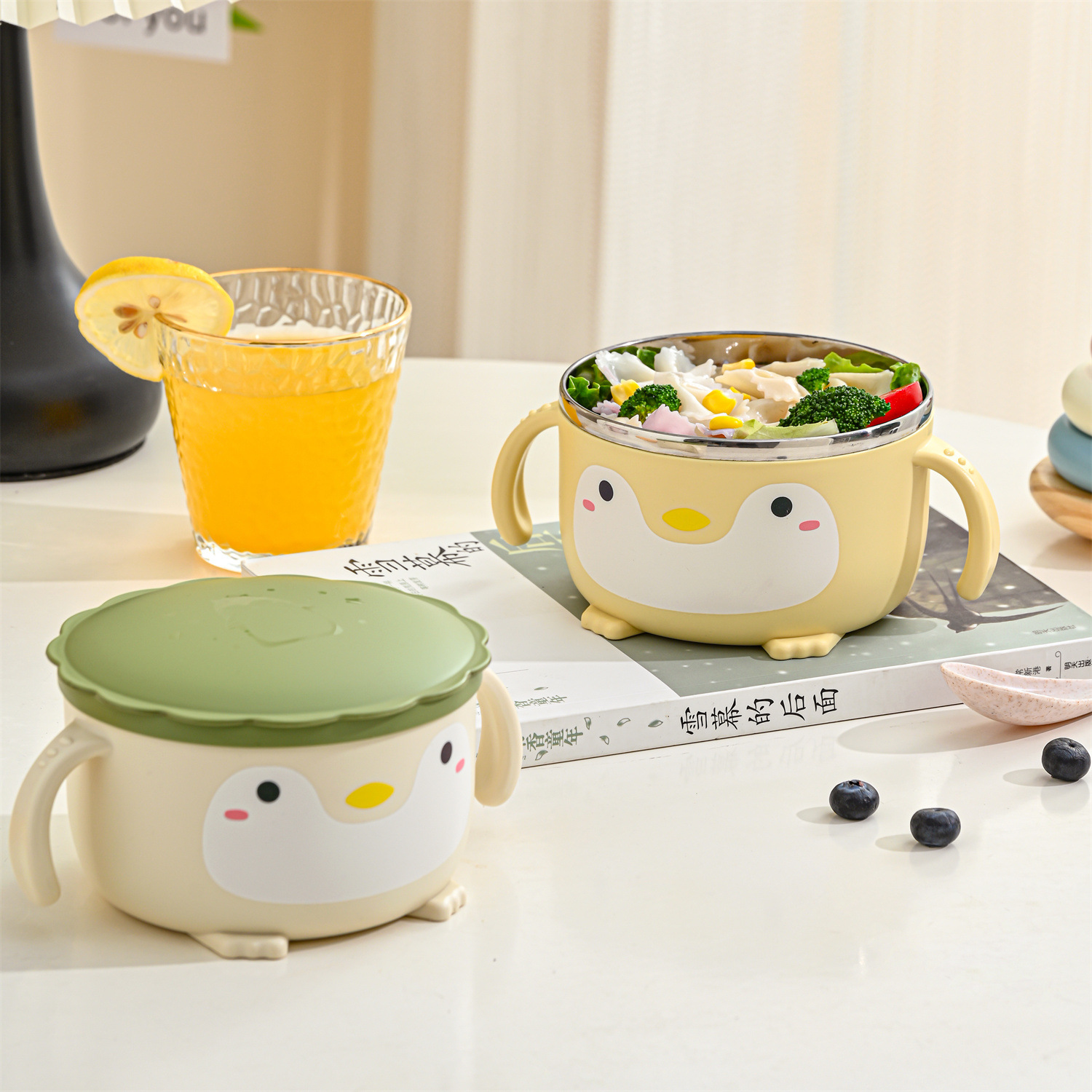 Manufacturer's Ready Stock Children's Cute Penguin Cartoon 304 Stainless Steel Bowl with Double Handles, Supplementary Food Bowl, Student Round Soup Bowl