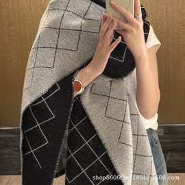 25c新款高品质羊毛蚕丝菱格围巾女秋冬季双面双色提花字母披肩潮