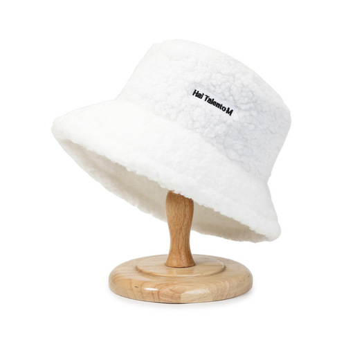 Korean Autumn/Winter Lamb Wool Warm Embroidered Letter Fisherman Hat Lamb Shear Fleece Japanese Casual Couple Simple Bucket Hat