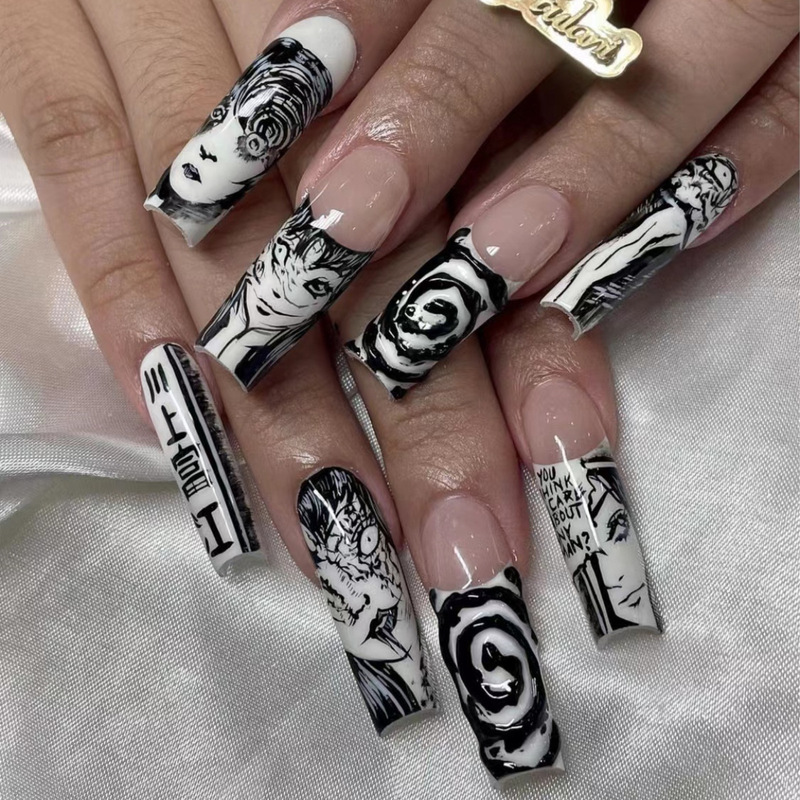 Japanese Two-dimensional Mirackness Cartoon Fake Nails Halloween Thriller Black and White Punk Style nail Patch nail