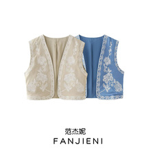 ZR外贸批发 欧美风女装 时尚刺绣开襟宽松休闲短款背心 6895023