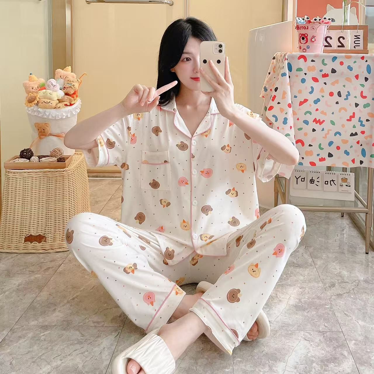 Transfronterizos al por mayor algodón solapa casa pijamas de niñas pantalones largos de manga corta lindos y sueltos se pueden usar con dos piezas image 8
