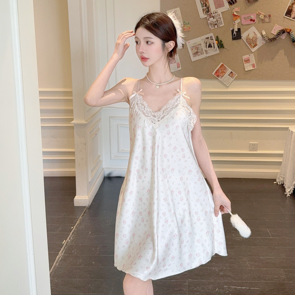 2025 verano hielo y nieve pijama de seda chica pura libido de viento esling arco de encaje impresión pijama ropa de hogar sexy