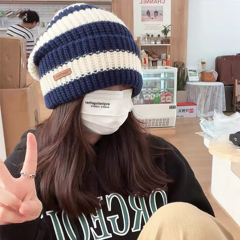 Japanese Retro Letter Small Label Striped Large Version For Women Autumn Winter Warm Versatile Knitted Slouchy Hat_voghion.com