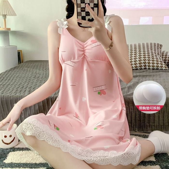 Pijamas al por mayor transfronterizos para mujer de encaje de verano con almohadilla para el pecho para mujer vestido de honda suelto simple para mujer camisón